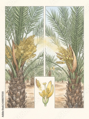 Date Palm Pollination Process – Botanical Illustration