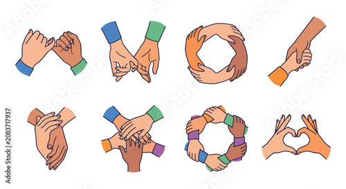 Tableau sur toile Hands joining in various gestures colorful vector illustration on white backgrou