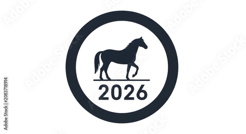 Minimalist black and white horse silhouette inside a circular frame with the year 2026 displayed below.