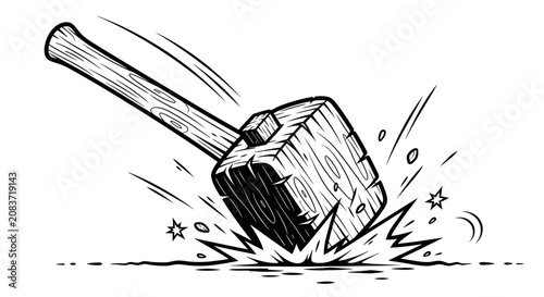 Quadro su tela Stylized Wooden Mallet Crushing Surface with Stars and Debris, isolated white background