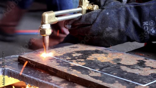 Close-up of an oxy-fuel cutting torch slicing through a thick steel plate with bright sparks and molten metal in a workshop.