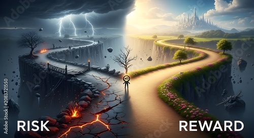 Conceptual Path Choosing Between Risk and Reward in a Surreal Landscape