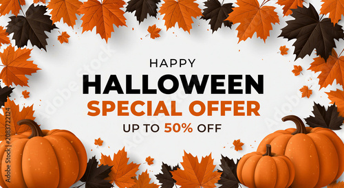 Halloween special offer banner with orange pumpkins and autumn leaves
