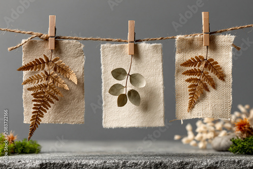 Dried botanical specimens hanging on twine with wooden clothespins
