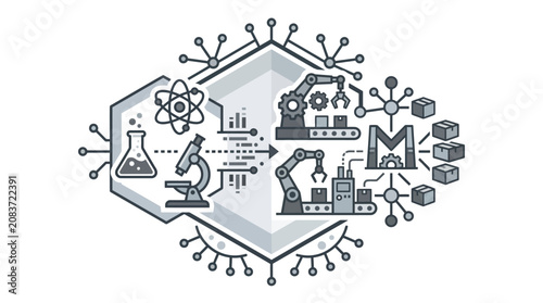 Biotech laboratory and automated factory production line icon.