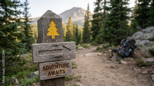 Wooden trail signpost with arrow and tree symbol reading 
