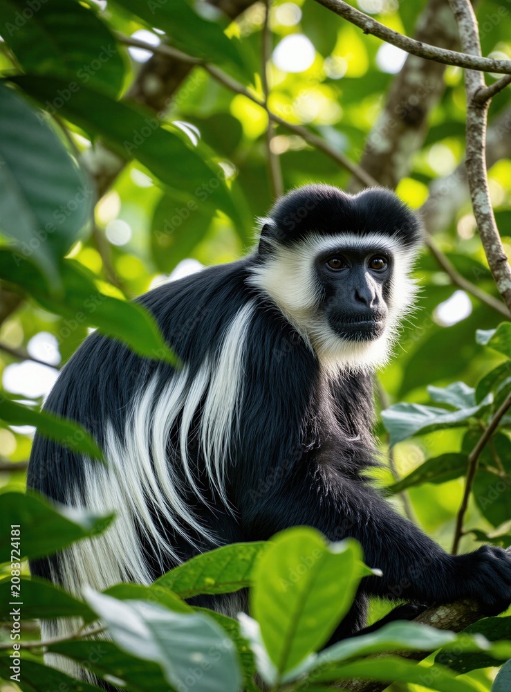Fototapeta premium Colobus monkey with black and white fur sits on tree branch among green leaves. Primate observes surroundings in natural forest habitat. Wild mammal looks alert in lush jungle.
