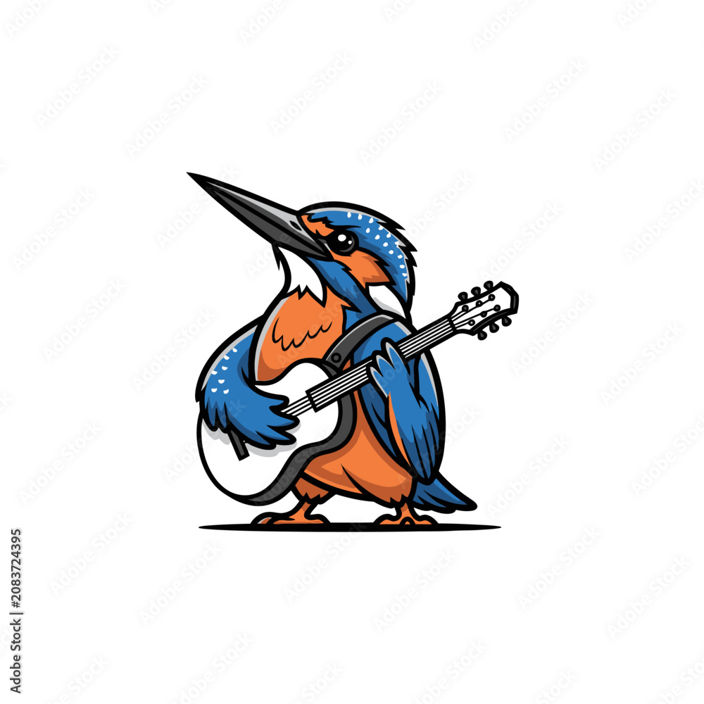 Obraz premium Cute cartoon kingfisher bird strumming an acoustic guitar with enthusiasm, a vibrant and playful illustration representing music, nature, and joy.
