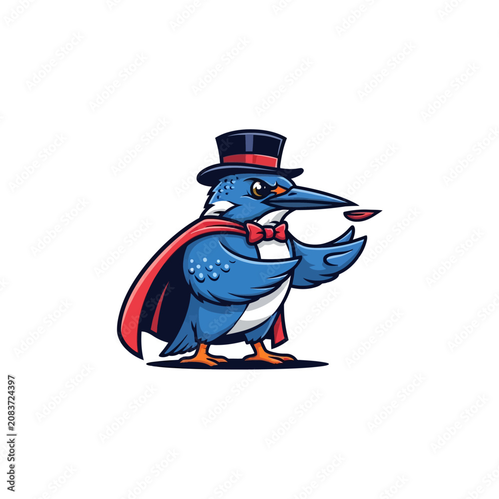 Obraz premium Funny cartoon kingfisher bird magician wearing a top hat and cape, performing a magic trick with a coin