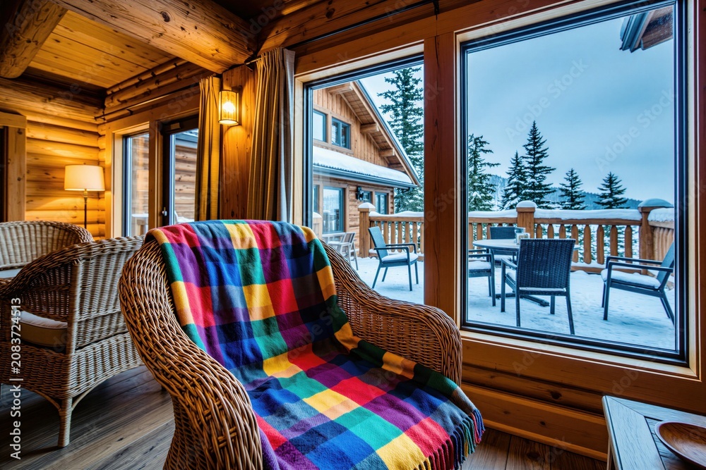 Fototapeta premium Cozy cabin interior with wicker chair draped in colorful blanket. Large window shows snow covered terrace and forest. Warm lodge room offers mountain winter view. Peaceful retreat.