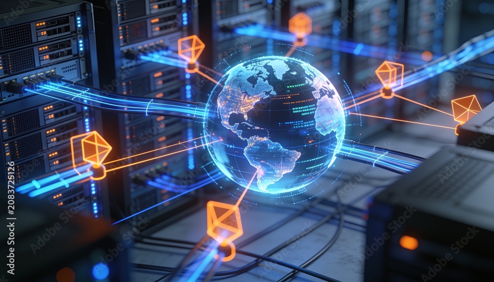 Fototapeta premium AI Network Intelligence Monitoring Worldwide Internet Traffic and Digital Security
