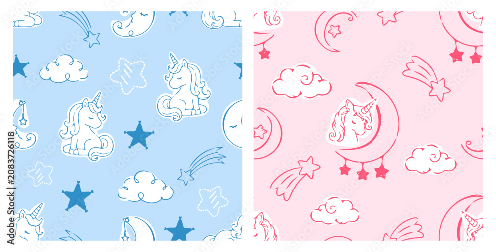 Obraz premium Cute unicorn seamless pattern collection with moon, clouds, stars and shooting stars in pastel blue and pink backgrounds, magical nursery fantasy illustration for kids fabric.