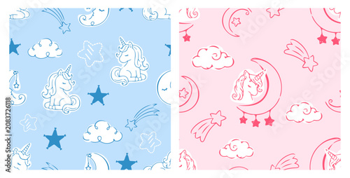 Obraz na plátně Cute unicorn seamless pattern collection with moon, clouds, stars and shooting stars in pastel blue and pink backgrounds, magical nursery fantasy illustration for kids fabric