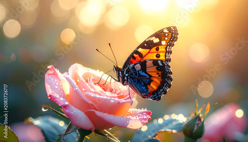 Beautiful Butterfly Perched on a Delicate Pink Rose in Golden Sunlight.