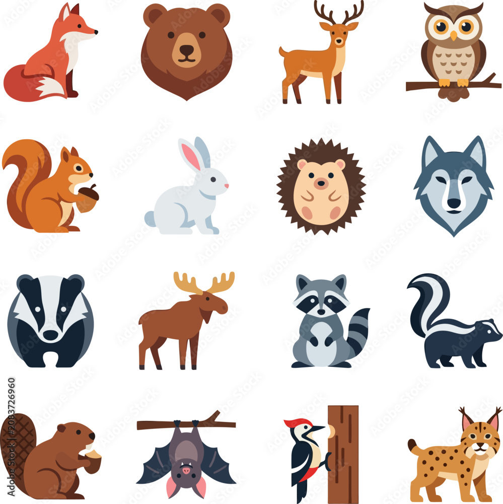 Fototapeta premium Collection of cartoon animals on white background forest wildlife icons