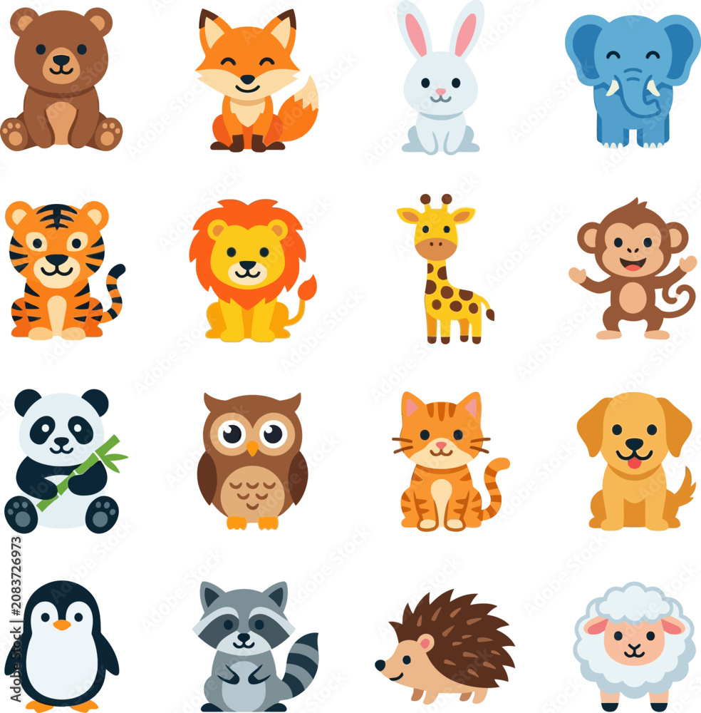 Obraz premium Collection of cute cartoon animals for kids and children educational purposes fun wildlife illustrations