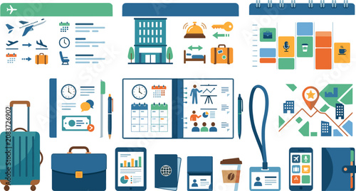 Fotografie Business travel and corporate trip planner vector illustration set with hotel bo