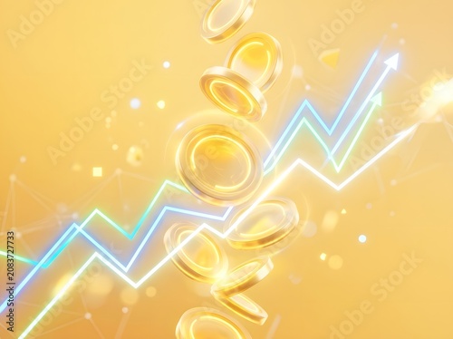 Financial Growth Background with Falling Gold Coins and Rising Arrow Chart