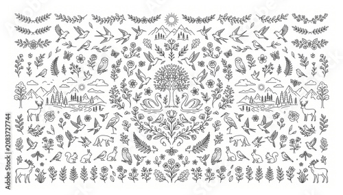 Comprehensive collection of hand drawn nature and wildlife illustrations with line art forest animals elements set wildlife mountains landscapes botanical illustration collection woodland