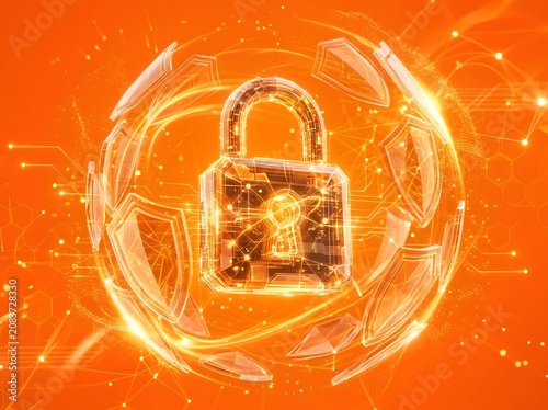 Abstract glowing padlock icon with protective shield for cyber security