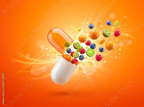 Vibrant Fruit Explosion from an Open Vitamin Capsule on Orange Background