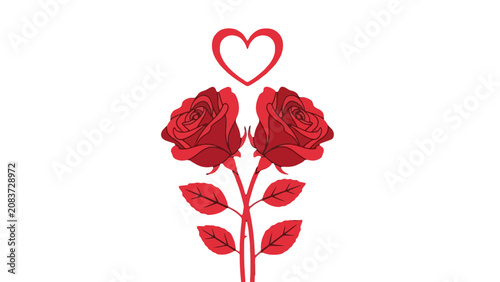 Εκτύπωση καμβά Two beautiful red roses with green leaves positioned beneath a prominent red heart outline, representing profound love and romantic gesture, isolated white background