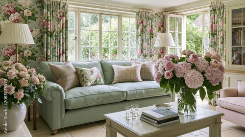 Country home living room with floral wallpaper and curtains, light green sofa, pink hydrangeas and roses, inviting interior design