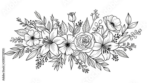 Elegant Black and White Line Art Floral Bouquet with Various Flowers and Leaves, Decorative Illustration, Isolated White Background