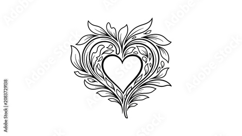 Intricate Black Outline Ornate Heart with Decorative Leaves and Swirls, Isolated White Background, Elegant Design