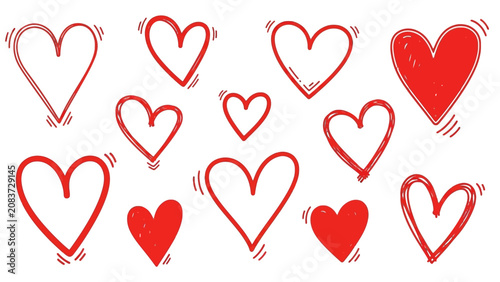 Hand-Drawn Red Heart Outlines and Solid Shapes Collection, Isolated White Background, Romantic Doodle Style