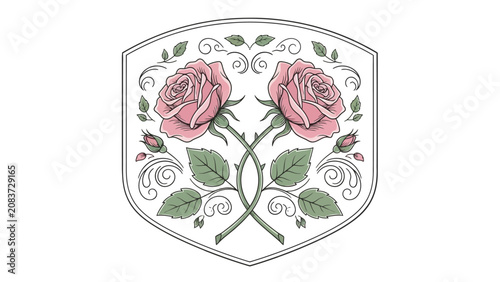 Elegant Ornate Shield Frame with Pink Roses and Green Leaves, Isolated White Background, Vintage Floral Design