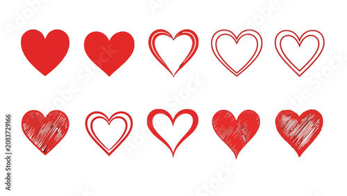 Diverse Collection of Red Heart Shapes, Solid, Outlined, and Scribbled, Love and Romance Symbols, Isolated White Background