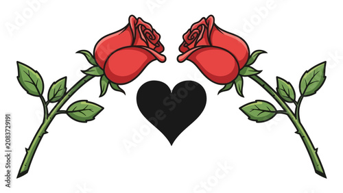 Two Red Roses with Green Leaves and a Black Heart Symbol, Romantic Love Illustration, Isolated White Background