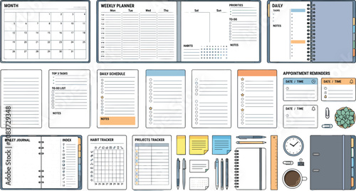 Corporate planner and productivity tracker vector template set with monthly calendar, weekly schedule, bullet journal pages, and business stationery elements
