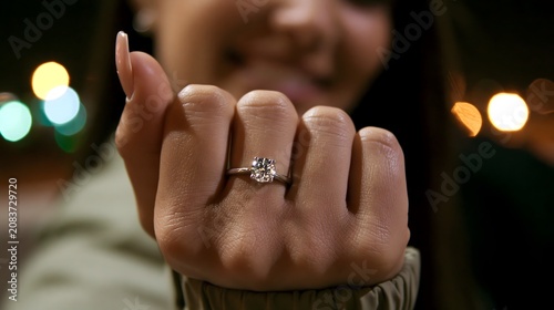 Woman showing engagement ring on finger. Happy girlfriend with diamond jewelry on hand. Romantic proposal, wedding planning, love, commitment concept, evening city lights background.