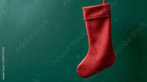 Red Christmas stocking hanging against a textured green background. Traditional holiday home decoration for gift giving and celebration. Seasonal winter festive ornament concept.