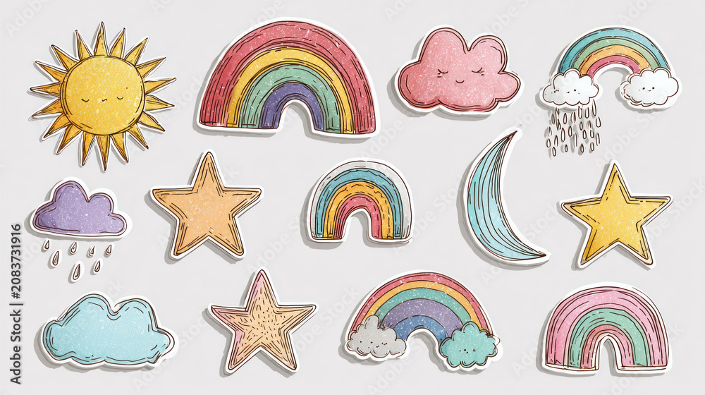 Fototapeta premium Cute Hand Drawn Rainbow Sun Cloud and Star Weather Set in Boho Style, Whimsical Kids Illustration Collection