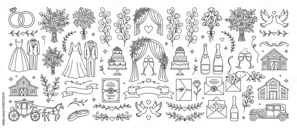 Obraz premium Romantic wedding design elements collection featuring linear illustrations of couple carriage cakes invitations champagne decorative florals marriage ceremony romantic celebration collection