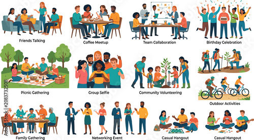 Diverse group of people social activities vector illustration mega bundle featuring business collaboration family gatherings volunteering and outdoor recreation for community lifestyle marketing