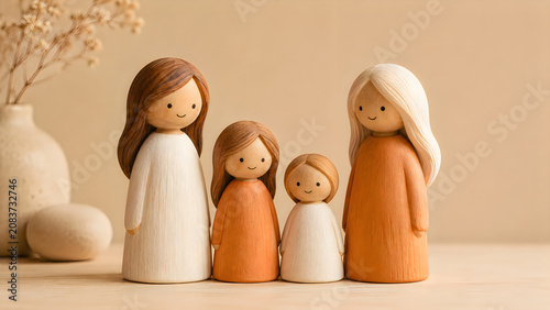 Wooden family figurines in earthy tones