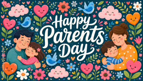 Happy parents day illustration with family and floral design