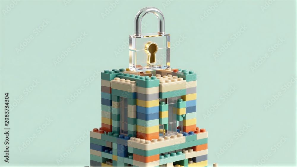 Fototapeta premium Colorful LEGO tower topped with a transparent padlock, symbolizing security.