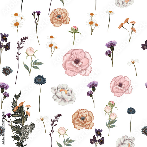 Blooming midsummer meadow seamless pattern. Plant background for fashion, wal...