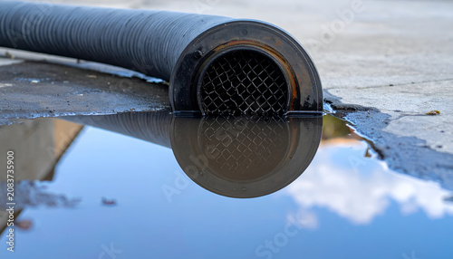 Close-up of a large industrial pipe discharging murky water into a puddle.