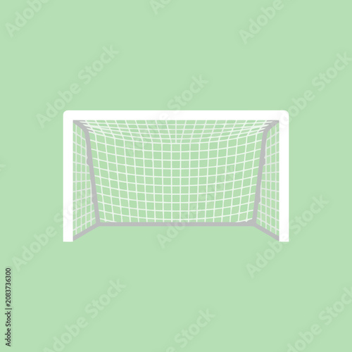 A white soccer goal net stands on a light green background