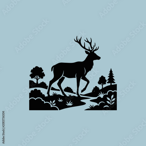 A black deer silhouette stands in a forest landscape