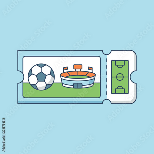 Illustrated soccer game ticket with stadium and ball on blue background