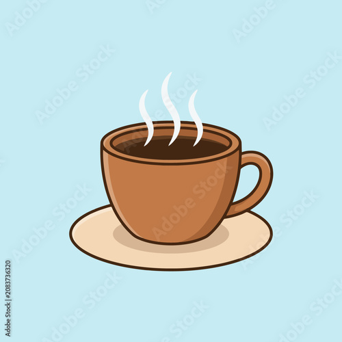 A steaming brown coffee cup sits on a light tan saucer