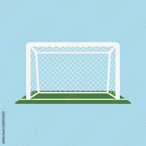 Minimalist soccer goal on a green field with a blue background