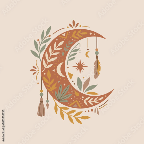 A decorative crescent moon illustration with botanical and boho elements